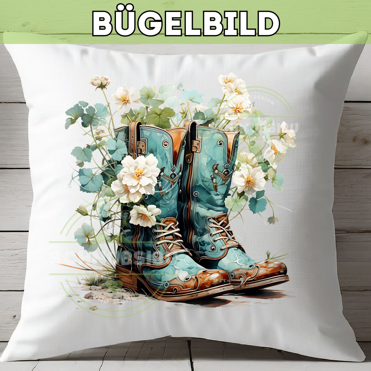 Bügelbild Flower Boots türkis